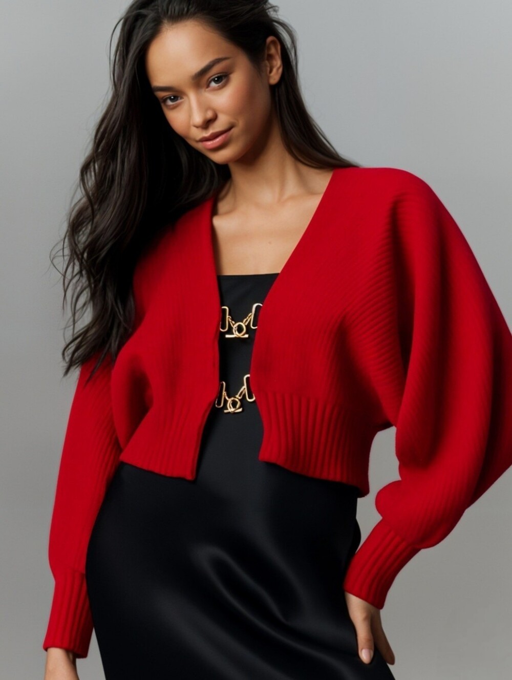 NWT Anthropologie Cropped Cardigan With Balloon Sleeves And Gold Hardware-Red